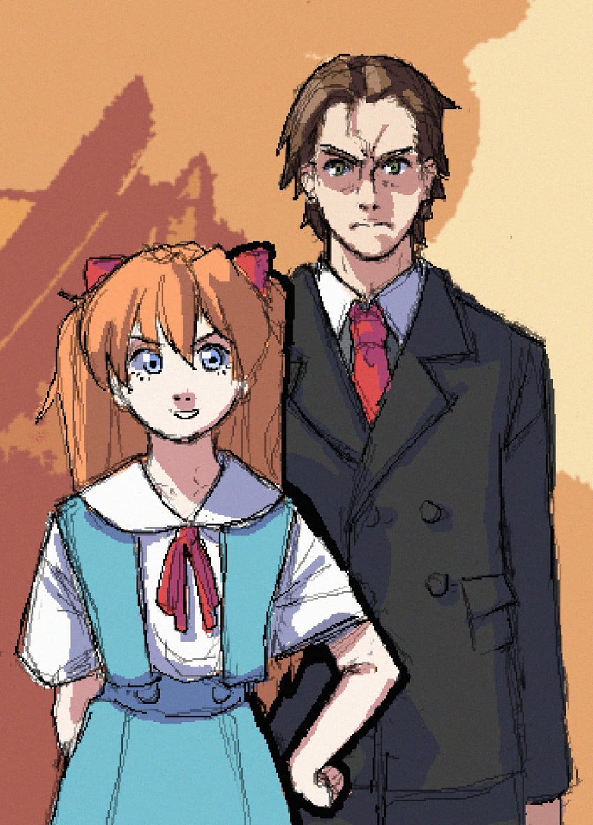 souryuu asuka langley and patrick bateman (neon genesis evangelion and 1 more) drawn by chellkab
