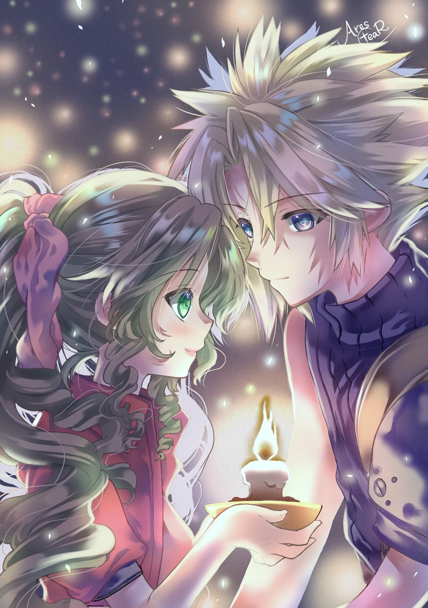 cloud strife and aerith gainsborough (final fantasy and 1 more) drawn by arestear0701