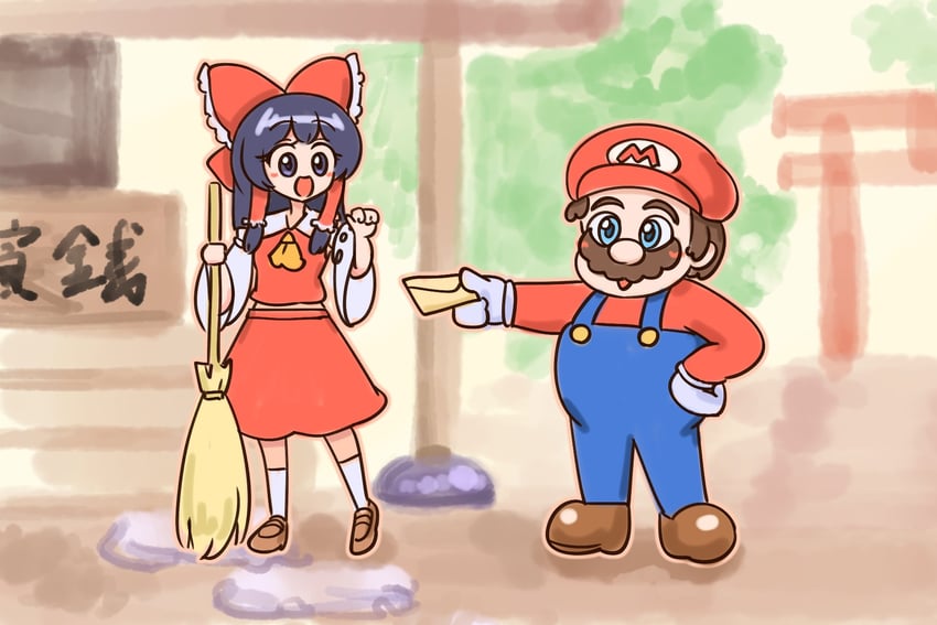 hakurei reimu and mario (touhou and 1 more) drawn by numenoko