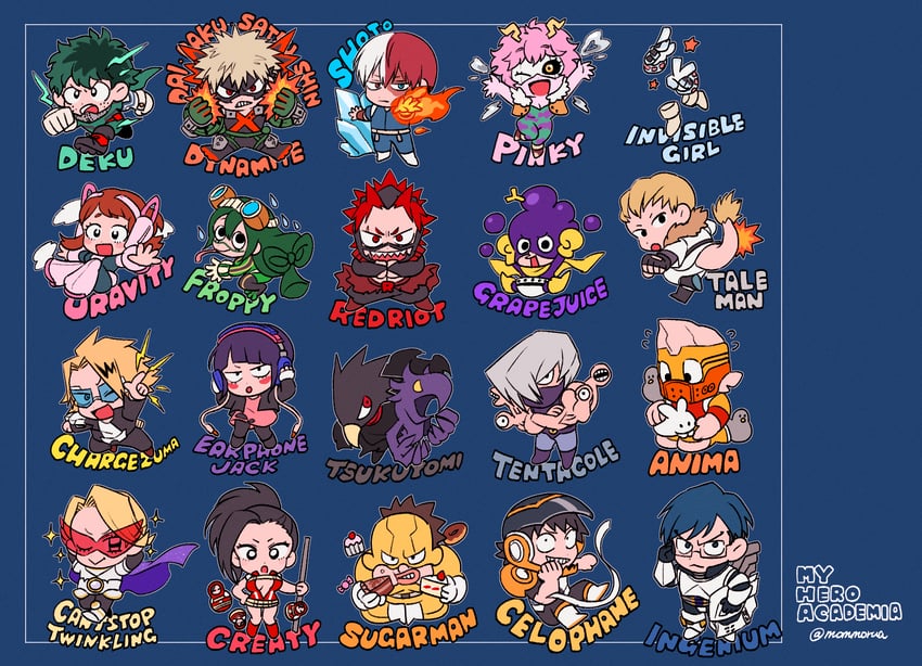 midoriya izuku, uraraka ochaco, bakugou katsuki, todoroki shoto, asui tsuyu, and 16 more (boku no hero academia) drawn by mommorua