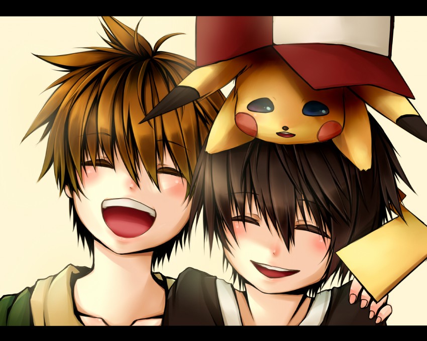 pikachu, red, blue oak, and pixiv red (pokemon and 2 more) drawn by hoshiyui_tsukino