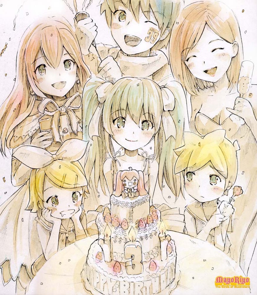 hatsune miku, kagamine rin, kagamine len, megurine luka, kaito, and 2 more (vocaloid) drawn by mayo_riyo