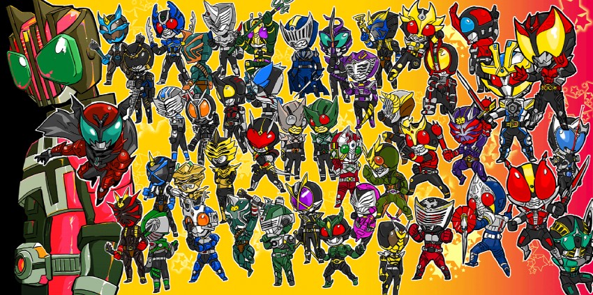 kamen rider kuuga, kamen rider decade, kamen rider faiz, kamen rider blade, kamen rider ryuki, and 41 more (kamen rider and 10 more) drawn by moi_(yfvlibbl9i)
