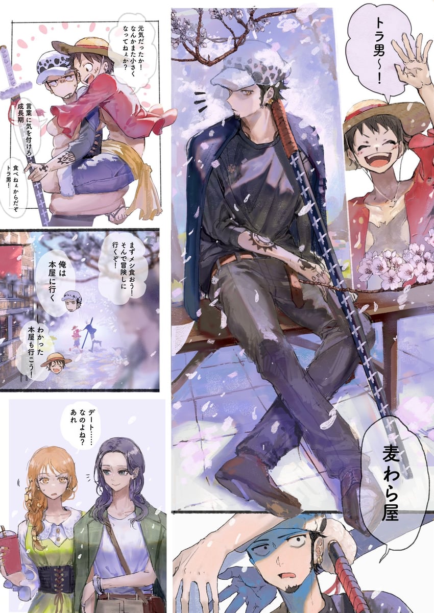 nami, monkey d. luffy, nico robin, and trafalgar law (one piece) drawn by saitani