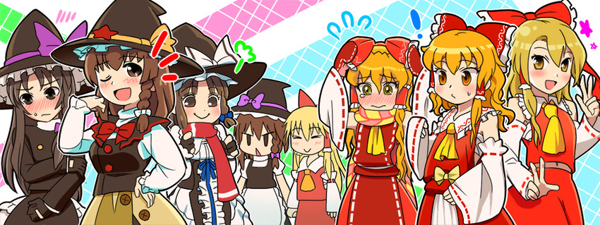 hakurei reimu, kirisame marisa, benikurage, rei, uzuki, and 6 more (touhou and 1 more) drawn by umo_(cookie)