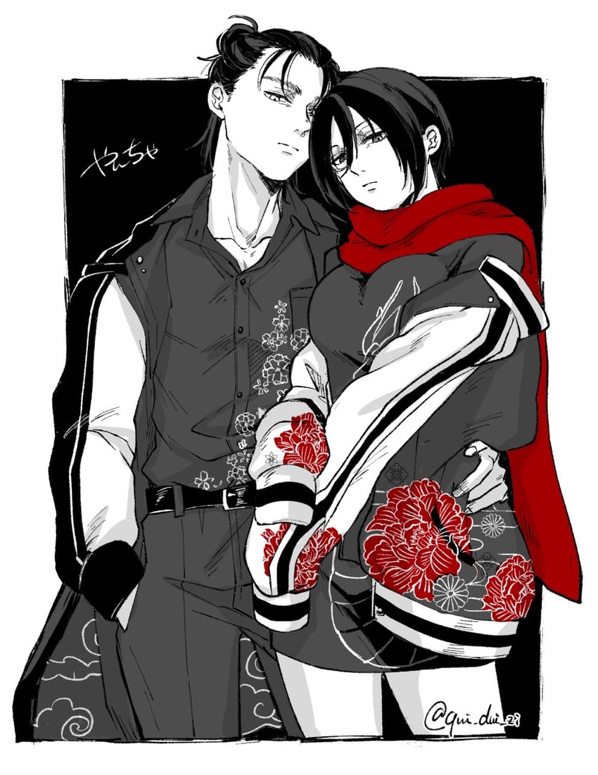 mikasa ackerman and eren yeager (shingeki no kyojin) drawn by qui_dui_zi