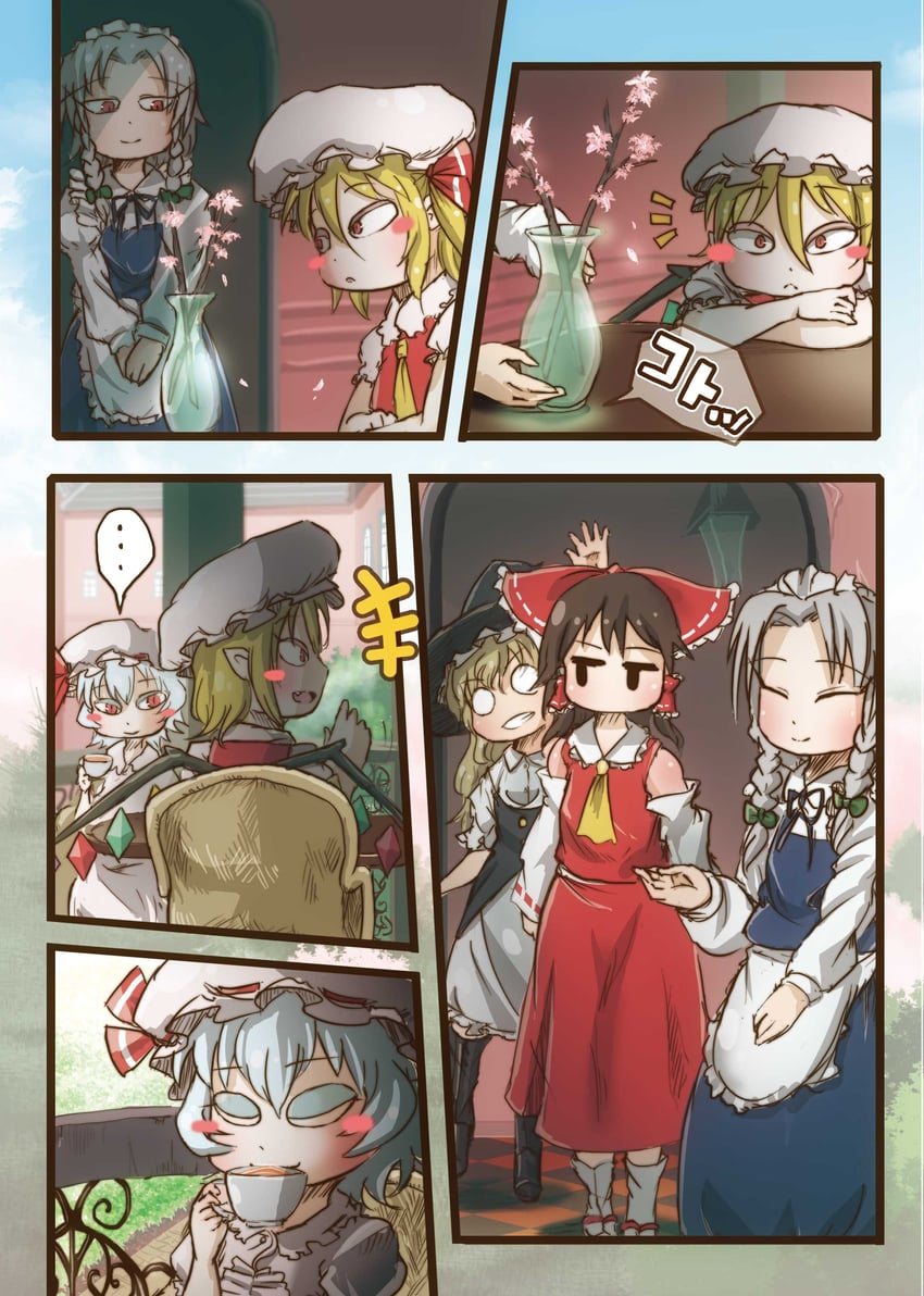 hakurei reimu, kirisame marisa, remilia scarlet, flandre scarlet, and izayoi sakuya (touhou) drawn by chamaji
