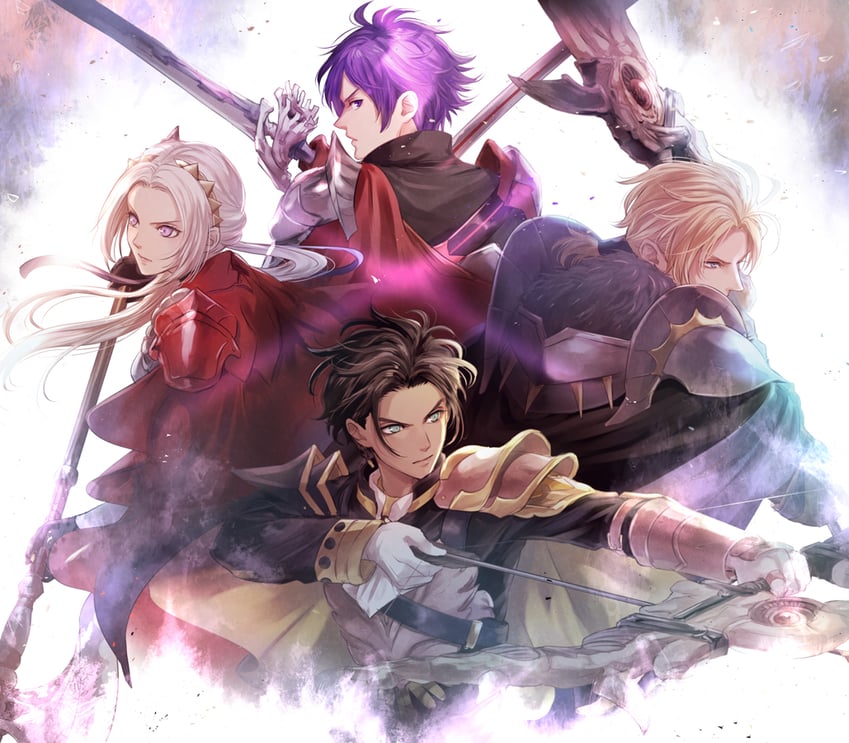 edelgard von hresvelg, dimitri alexandre blaiddyd, claude von riegan, and male shez (fire emblem and 2 more) drawn by saku_(soreca49)