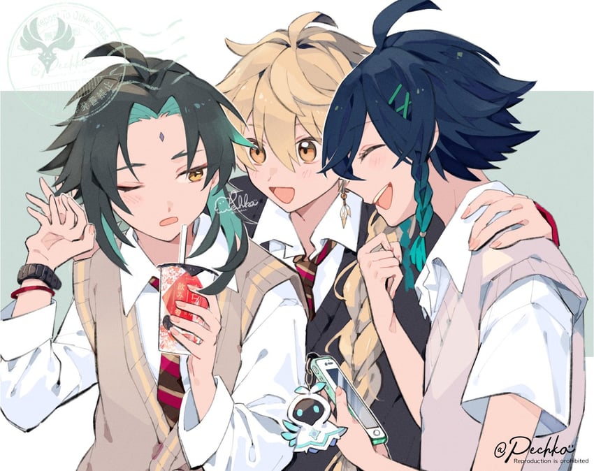 aether, venti, xiao, and barbatos (genshin impact) drawn by pechka