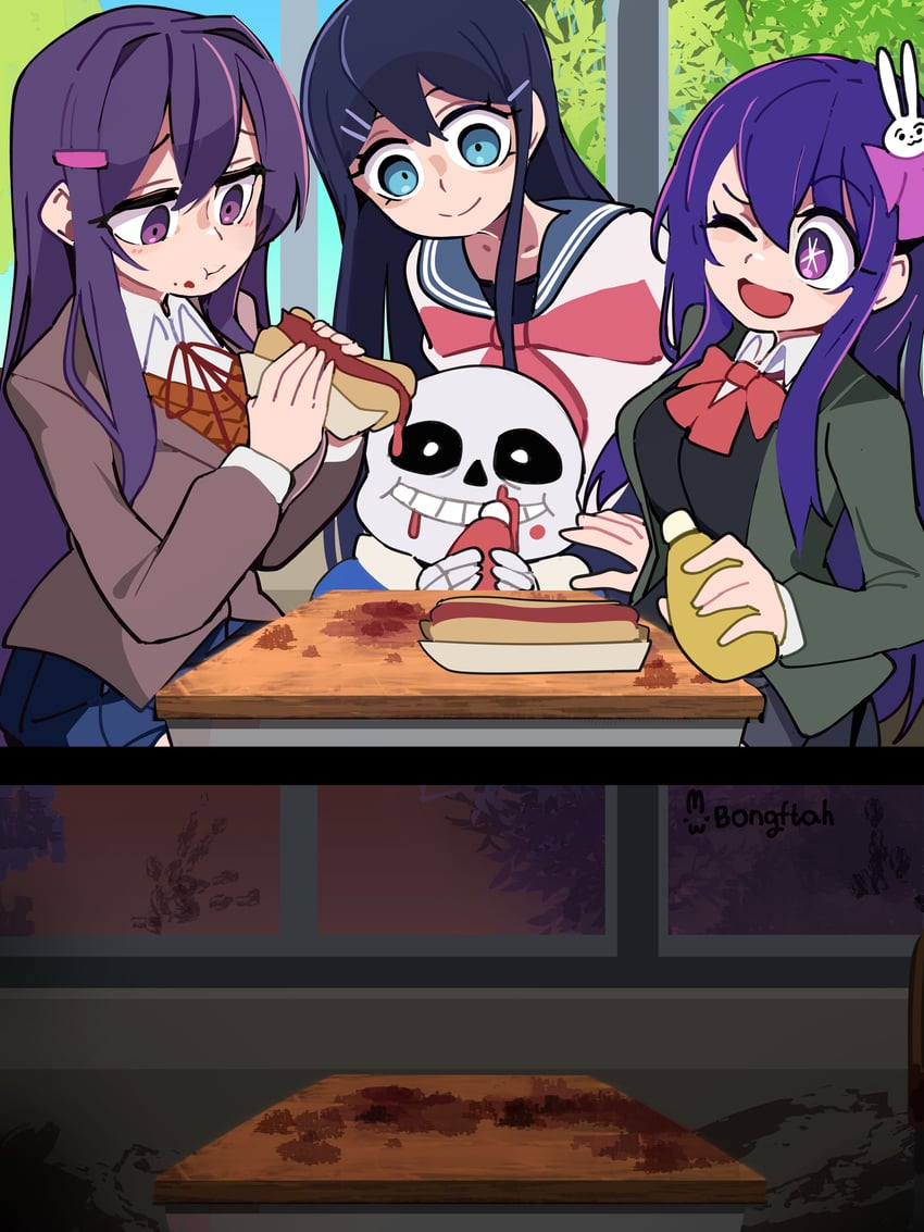 hoshino ai, sans, maizono sayaka, and yuri (danganronpa and 4 more) drawn by bongfill