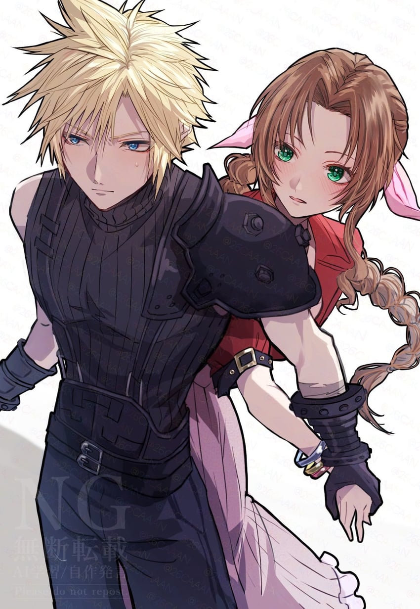 cloud strife and aerith gainsborough (final fantasy and 3 more) drawn by 26caaan