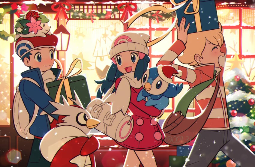 dawn, piplup, lucas, shaymin, barry, and 2 more (pokemon and 2 more) drawn by chueog