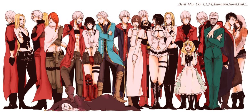 dante, vergil, nero, trish, kyrie, and 5 more (devil may cry 3 and 4 more) drawn by yunako_(nkmichi)