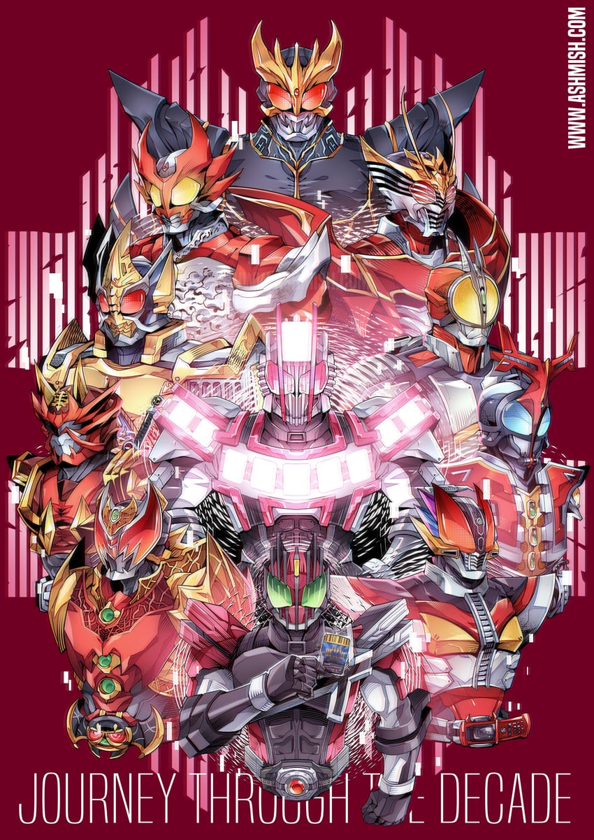 kamen rider decade, kamen rider faiz, kamen rider kiva, kamen rider kabuto, kamen rider hibiki, and 6 more (kamen rider and 10 more) drawn by ashmish