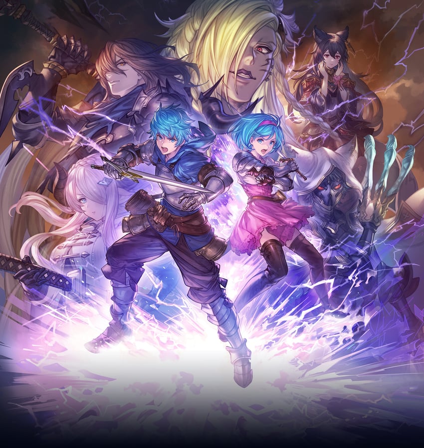 djeeta, narmaya, gran, fighter, nier, and 4 more (granblue fantasy and 1 more) drawn by minaba_hideo