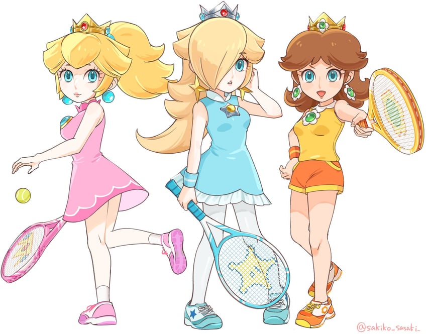 princess peach, rosalina, and princess daisy (mario and 1 more) drawn by sasaki_sakiko