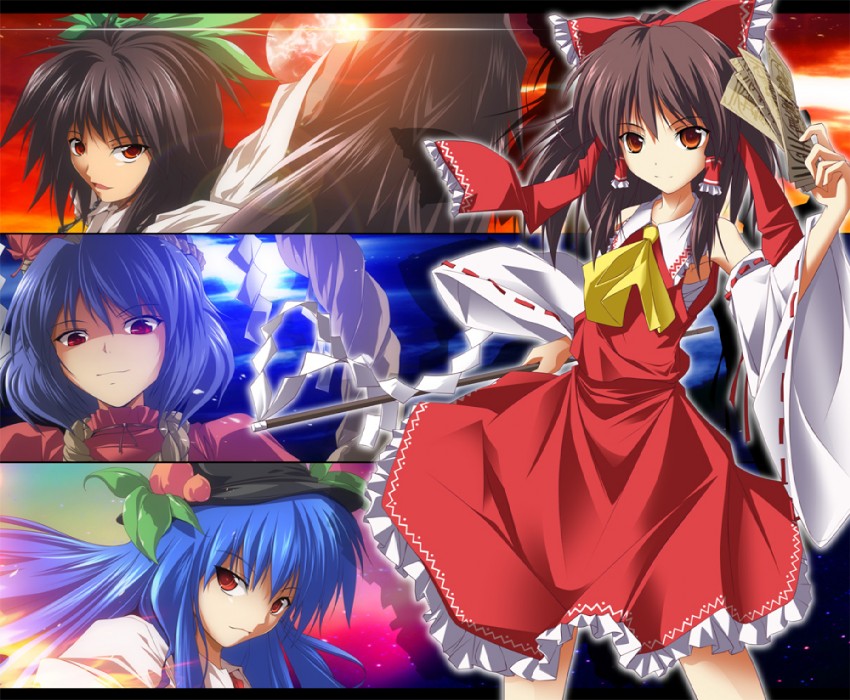 hakurei reimu, reiuji utsuho, hinanawi tenshi, and yasaka kanako (touhou) drawn by zb_(dawn-blue)
