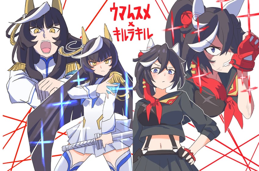 matoi ryuuko, senketsu, kiryuuin satsuki, junketsu, katsuragi ace, and 1 more (umamusume and 1 more) drawn by echieichi
