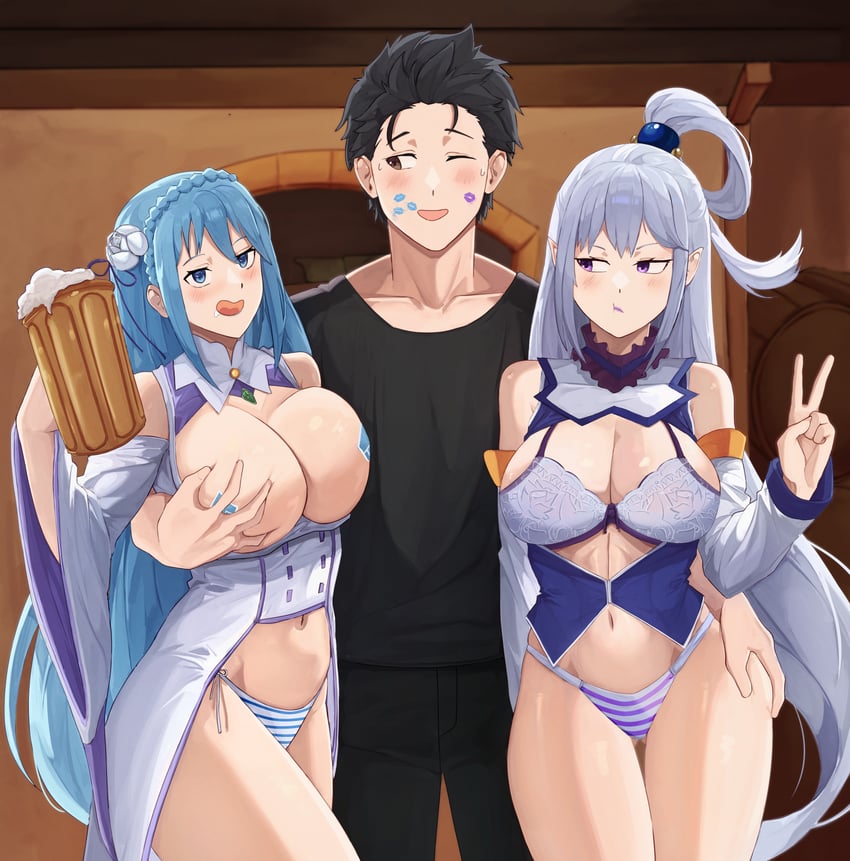aqua, emilia, and natsuki subaru (kono subarashii sekai ni shukufuku wo! and 1 more) drawn by akihitoevon