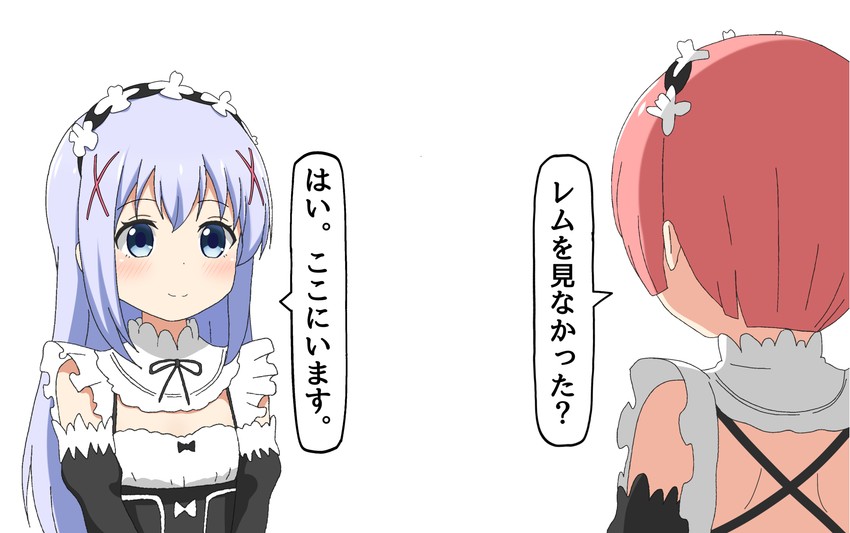 rem, kafuu chino, ram, and minase inori (re:zero kara hajimeru isekai seikatsu and 1 more) drawn by poa_mellhen