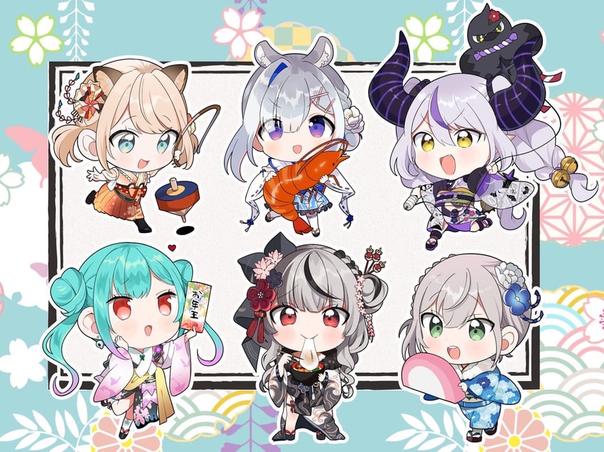 sakamata chloe, amane kanata, shirogane noel, la+ darknesss, uruha rushia, and 2 more (hololive) drawn by hutaba_haru