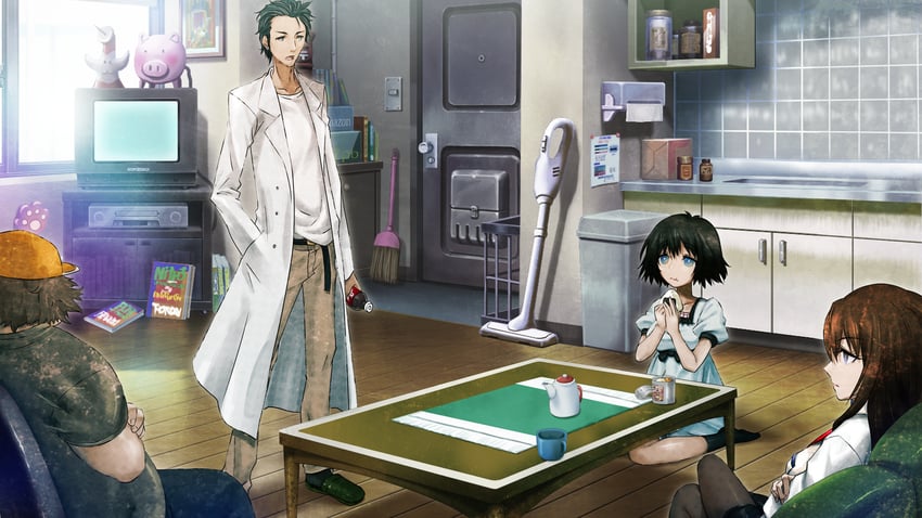 makise kurisu, okabe rintarou, shiina mayuri, and hashida itaru (steins;gate) drawn by huke