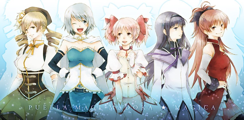 akemi homura, kaname madoka, miki sayaka, sakura kyoko, and tomoe mami (mahou shoujo madoka magica) drawn by que4