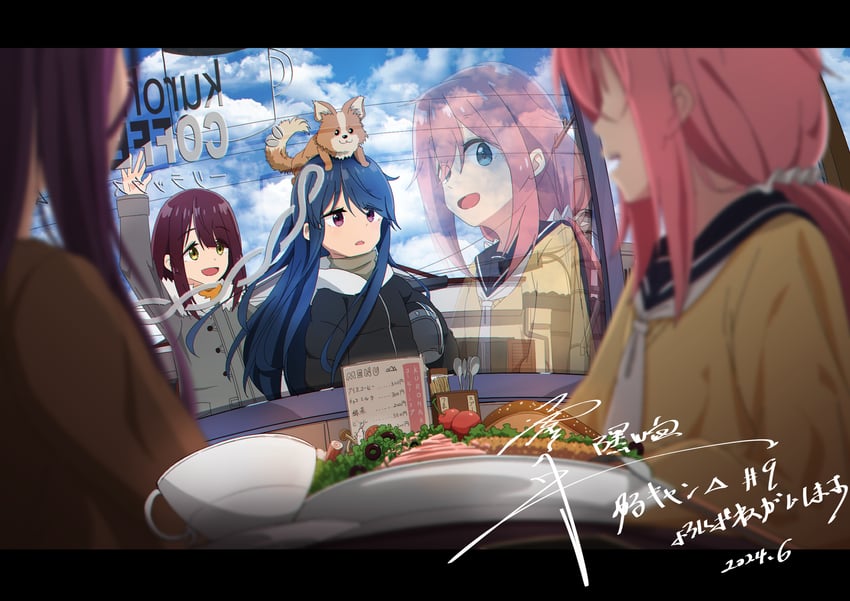 shima rin, kagamihara nadeshiko, toki ayano, and chikuwa (yurucamp) drawn by blackwhite_wind