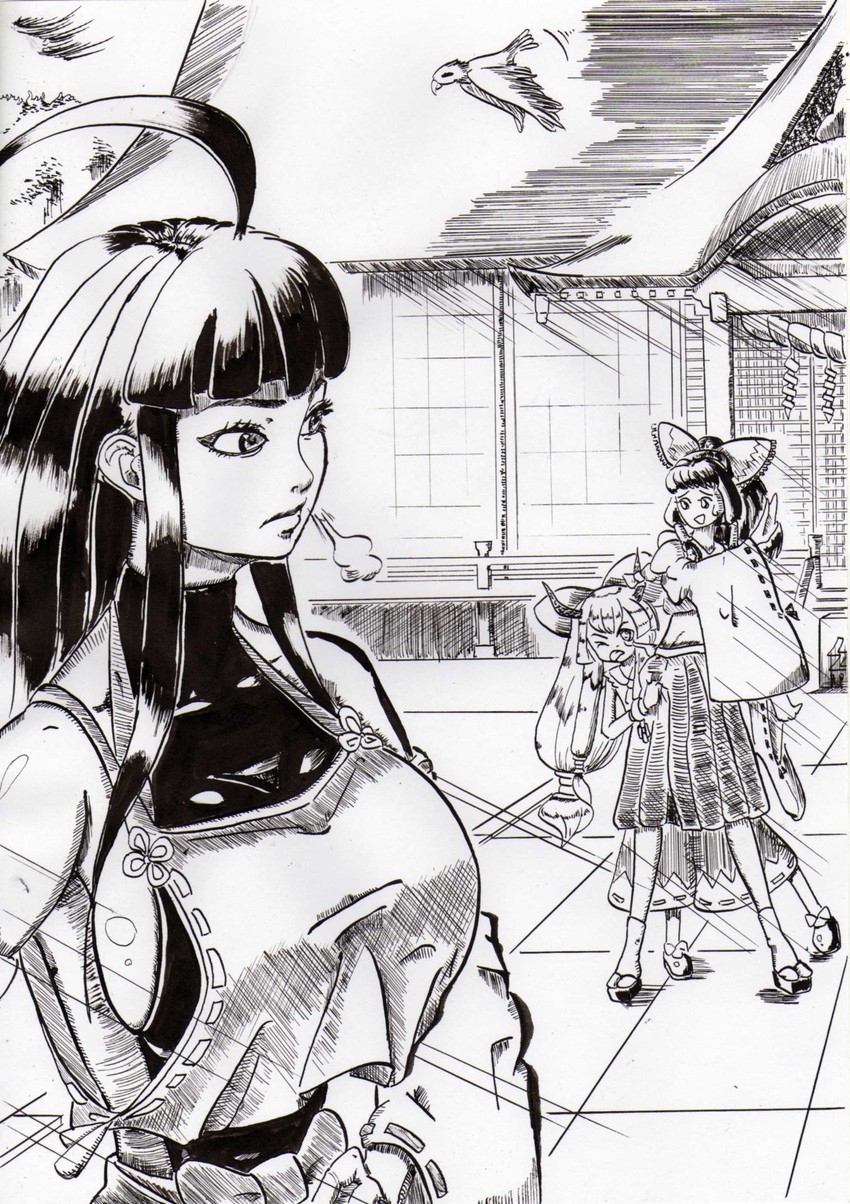 hakurei reimu, ibuki suika, and sendai hakurei no miko (original and 2 more) drawn by azibuda