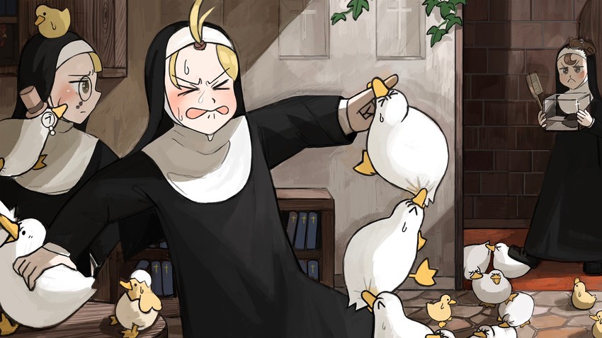 clumsy nun, froggy nun, and spicy nun (little nuns) drawn by diva_(hyxpk)