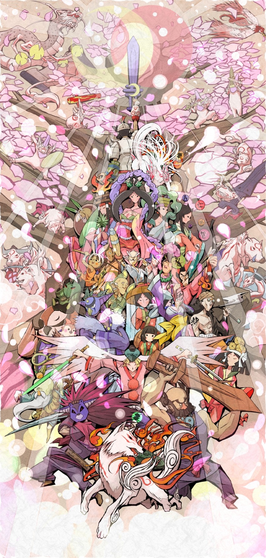 amaterasu, issun, ushiwakamaru, sakuya, okikurumi, and 31 more (ookami) drawn by tsukumo_(soar99)