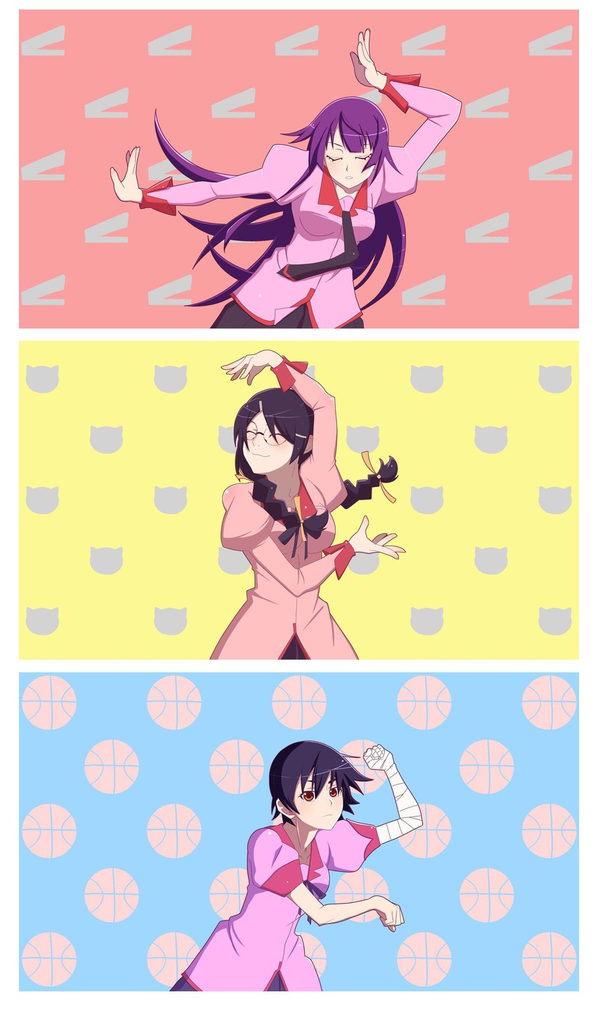 senjougahara hitagi, hanekawa tsubasa, and kanbaru suruga (monogatari and 1 more) drawn by sashimifiend