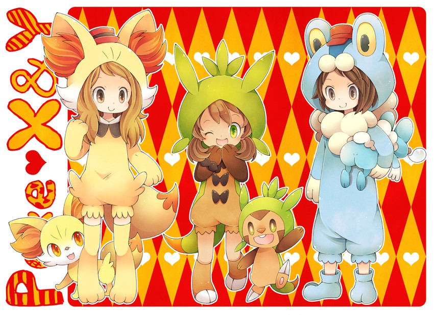 serena, calem, fennekin, chespin, froakie, and 1 more (pokemon and 1 more) drawn by uppi