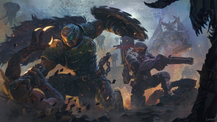 doomguy and goblin slayer (goblin slayer! and 2 more) drawn by icemarv14