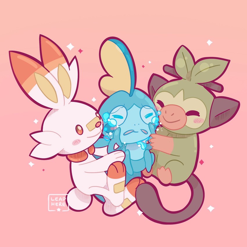 scorbunny, sobble, and grookey (pokemon) drawn by leaphere