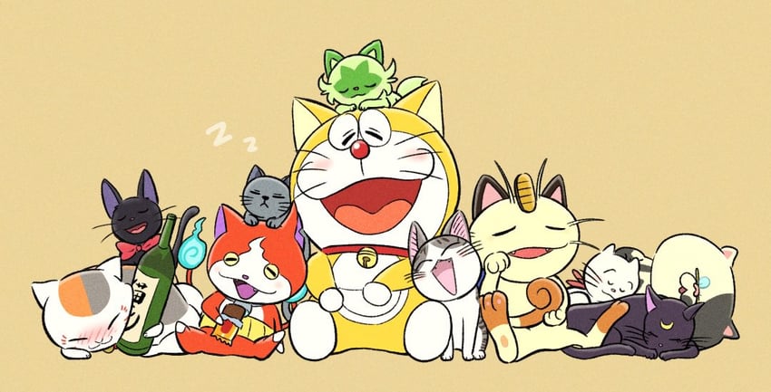 sprigatito, meowth, doraemon, luna, jiji, and 5 more (pokemon and 9 more) drawn by masser0209