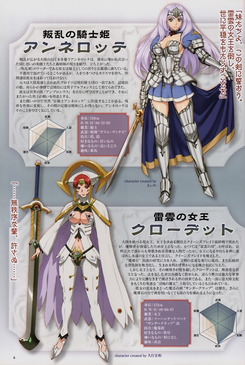 claudette, annelotte, knight princess annelotte, and thundercloud queen claudette (queen's blade and 1 more) drawn by eiwa and hisayuki_hirokazu