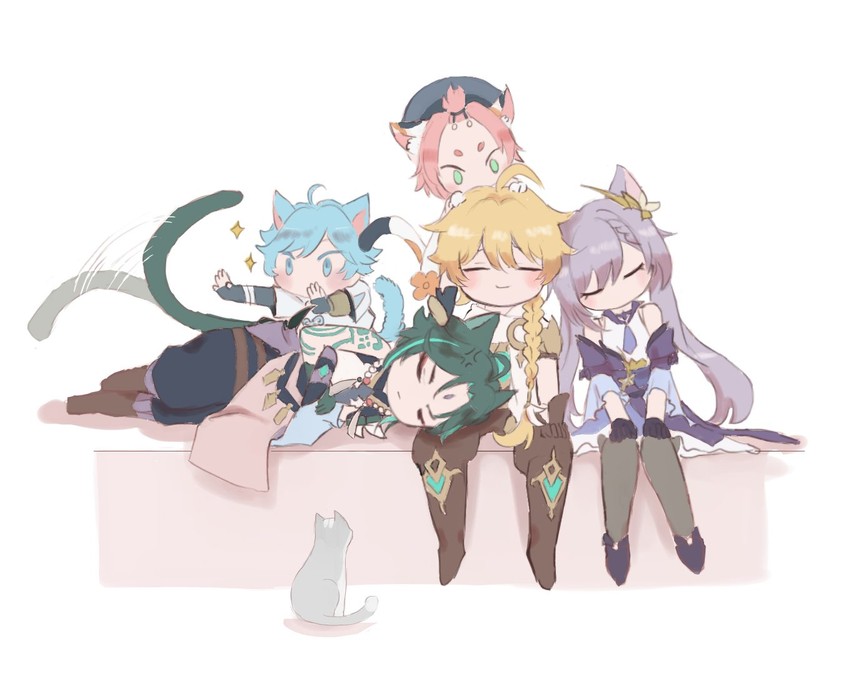 aether, keqing, xiao, chongyun, and diona (genshin impact) drawn by finn.