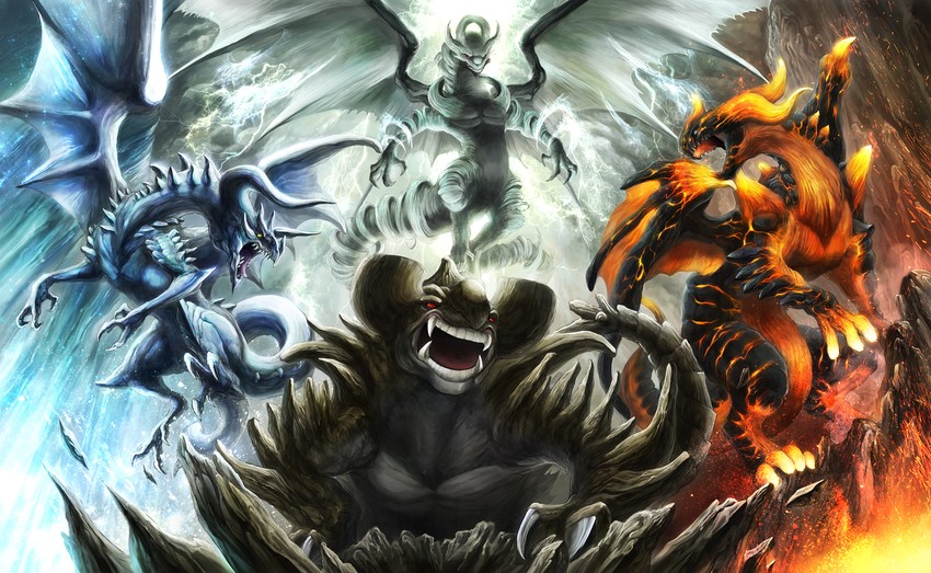 blaster dragon ruler of infernos, tidal dragon ruler of waterfalls, tempest dragon ruler of storms, and redox dragon ruler of boulders (yu-gi-oh!) drawn by van_ken003