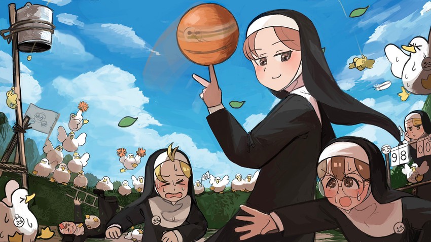 clumsy nun, froggy nun, spicy nun, glasses nun, and hungry nun (little nuns) drawn by diva_(hyxpk)