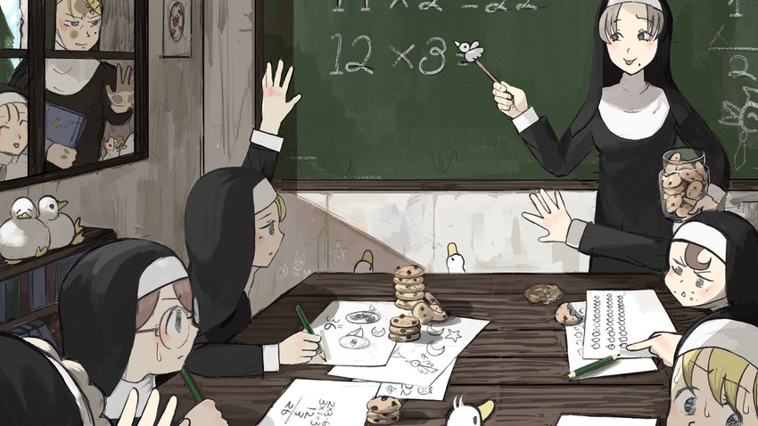 clumsy nun, froggy nun, spicy nun, strict nun, sheep nun, and 3 more (little nuns) drawn by diva_(hyxpk)