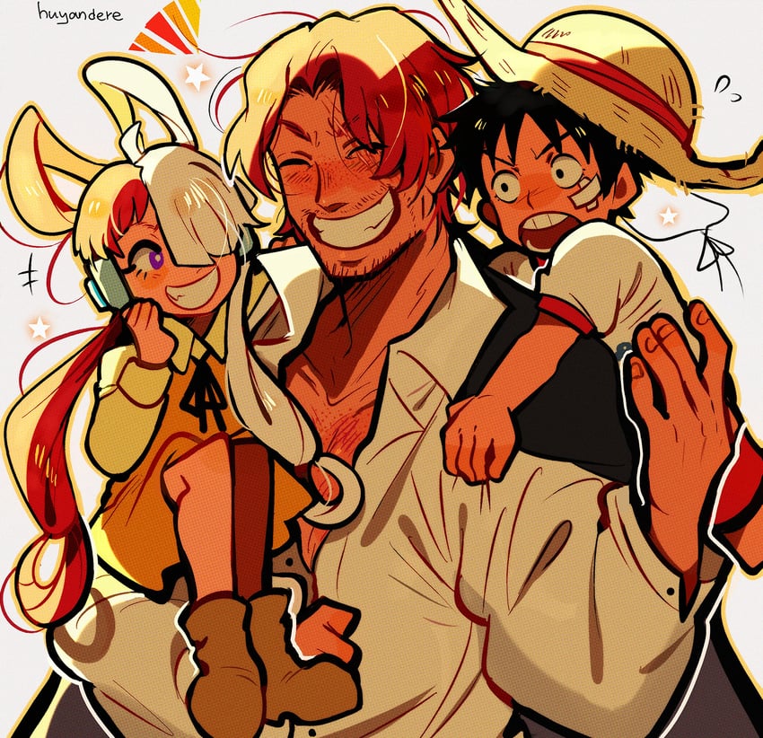 monkey d. luffy, uta, and shanks (one piece and 1 more) drawn by huyandere