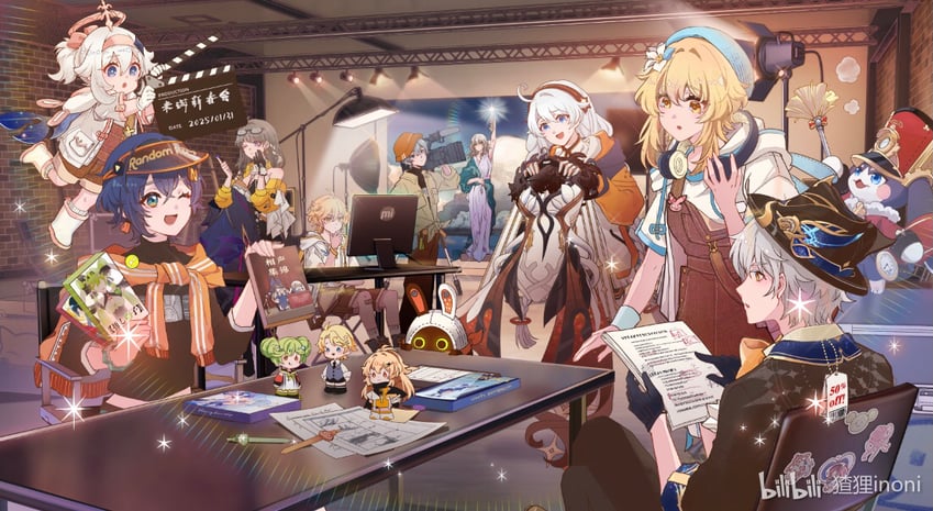 lumine, trailblazer, aether, stelle, paimon, and 13 more (genshin impact and 7 more) drawn by charlieinoni