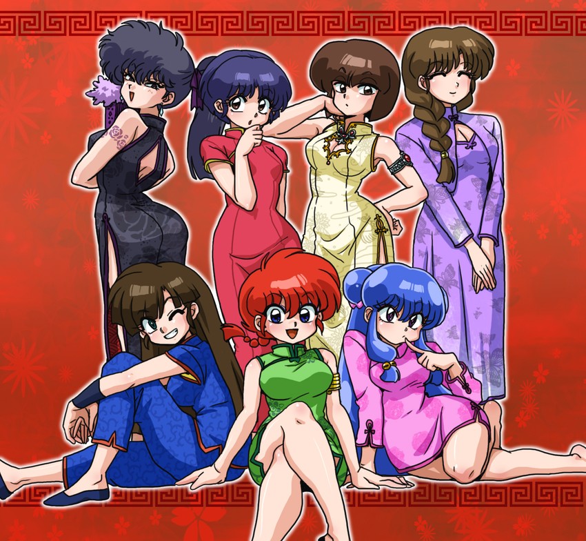 ranma-chan, shampoo, tendou akane, tendou nabiki, kuonji ukyou, and 2 more (ranma 1/2) drawn by wanta_(futoshi)