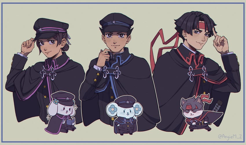 ryunosuke naruhodo, kazuma asogi, susato mikotoba, ryutaro naruhodo, chuunosuke, and 2 more (ace attorney and 2 more) drawn by angie_m
