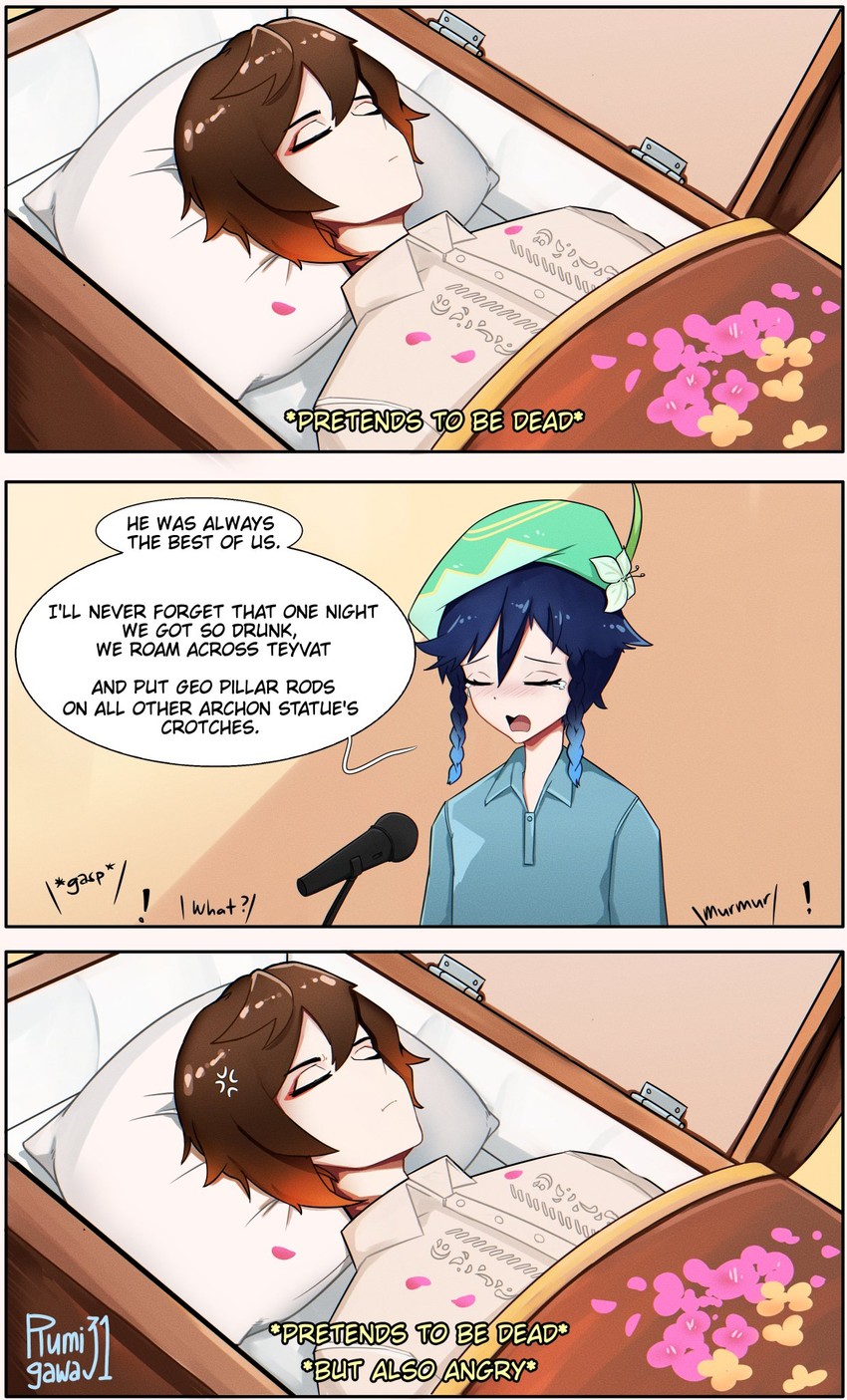 zhongli and venti (genshin impact) drawn by rumi_(rumigawa31)