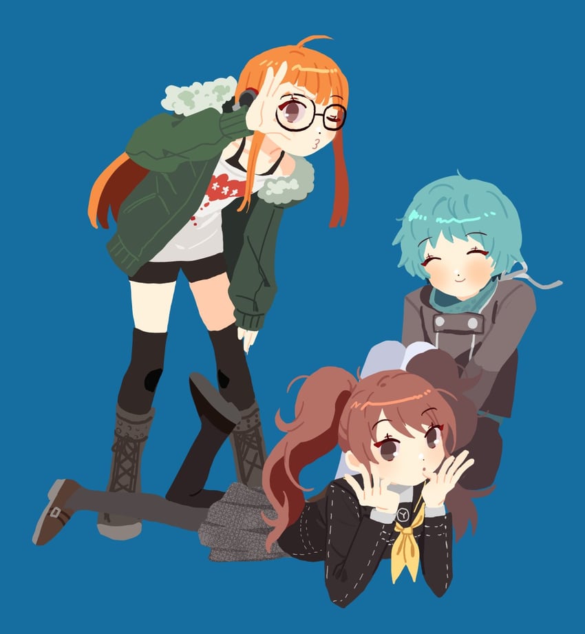 kujikawa rise, sakura futaba, and yamagishi fuuka (persona and 3 more) drawn by yomyompi