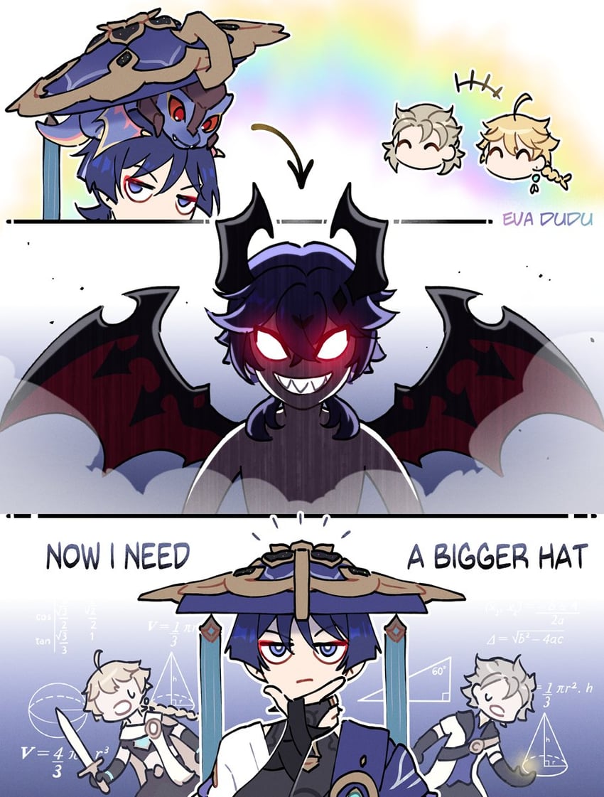 scaramouche, aether, wanderer, albedo, and mini durin (genshin impact) drawn by kakaolikeslegs