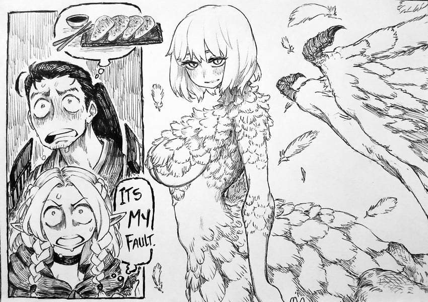 marcille donato, falin touden, and shurou (dungeon meshi) drawn by chronozbergh