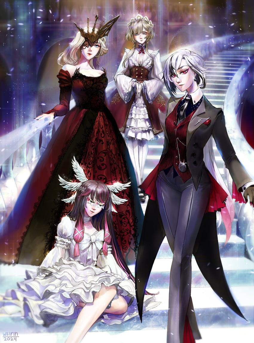 arlecchino, columbina, signora, and sandrone (genshin impact) drawn by gentiloignon